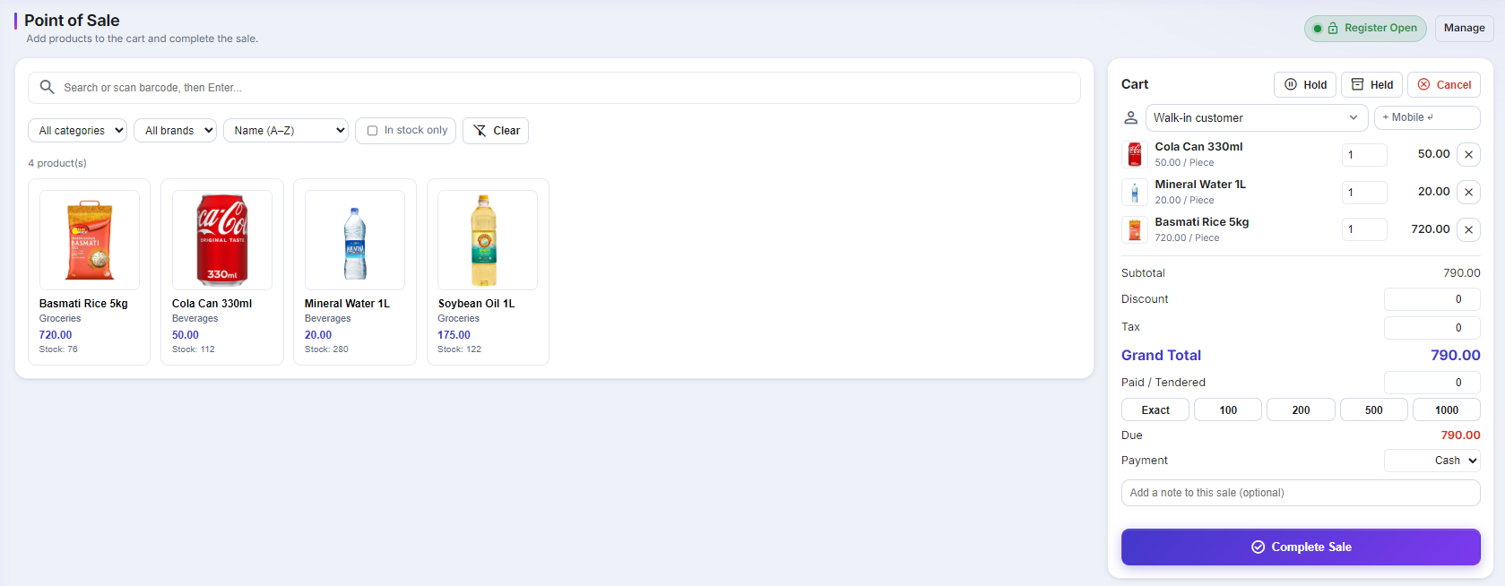 Point of Sale screen — searchable product grid with photos and live stock, cart with quick-tender buttons and Complete Sale