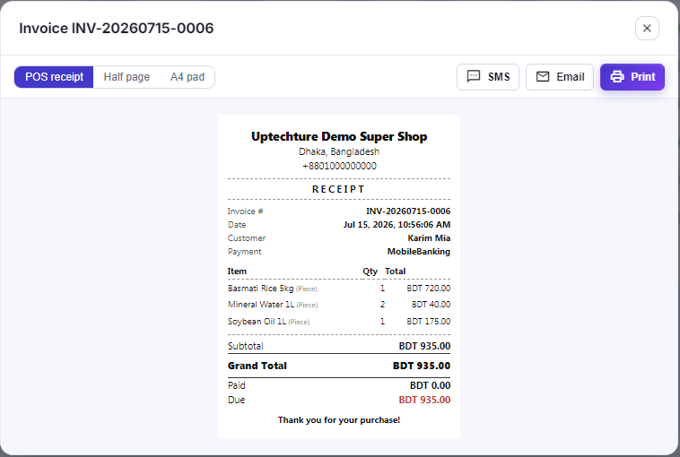 Printable POS receipt, also sendable by SMS or email
